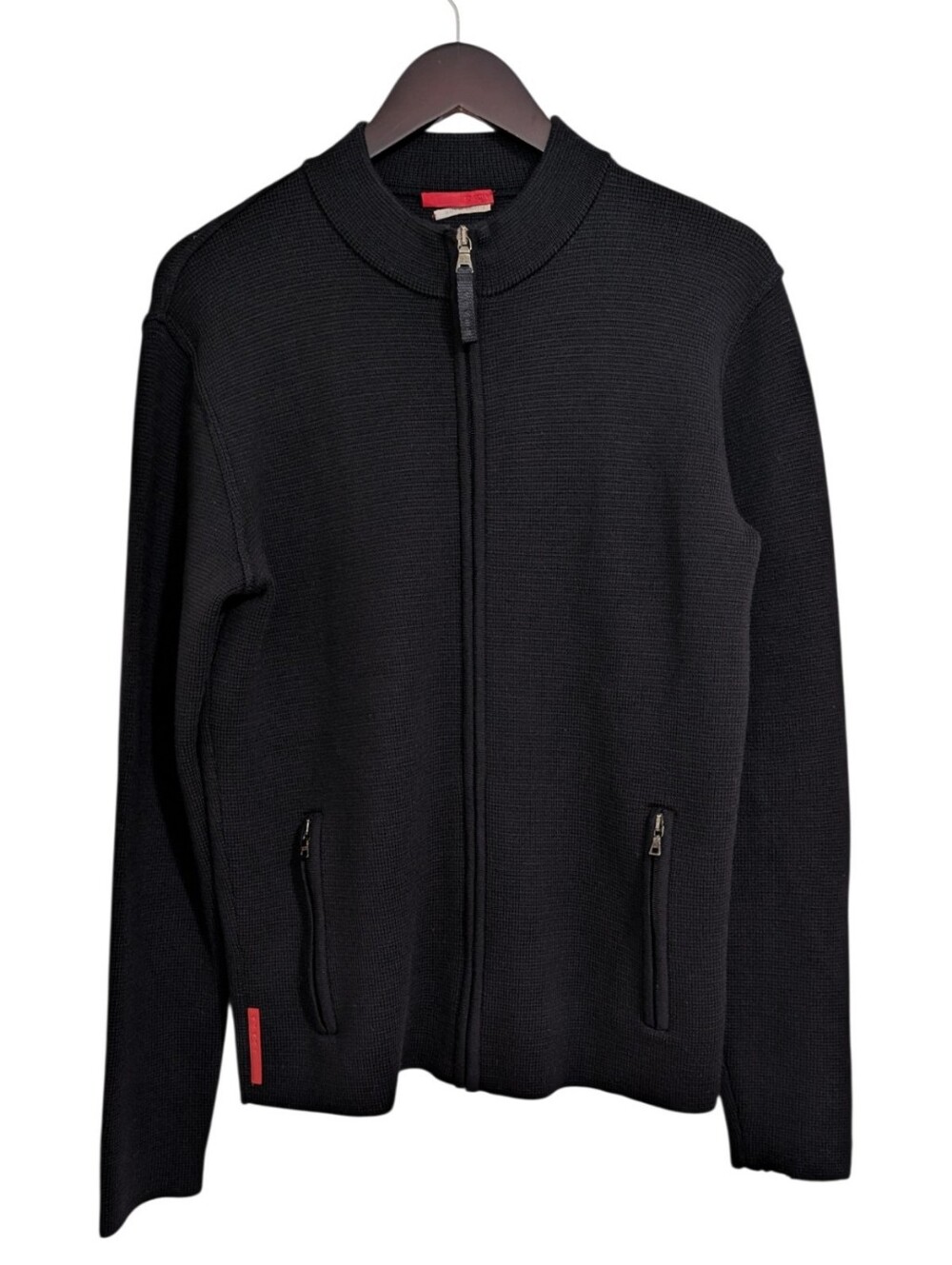 PRADA Linea Rossa Black 100% Wool Full Zip Knit Cardigan Sweater Jacket Men US M